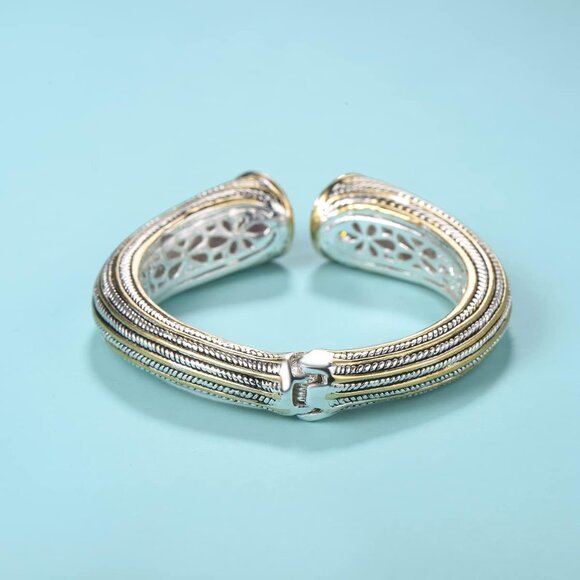 Women Gold Black Tone Elegant Designer Inspired Unique Spring Open Cuff Bangle - Picture 3 of 6